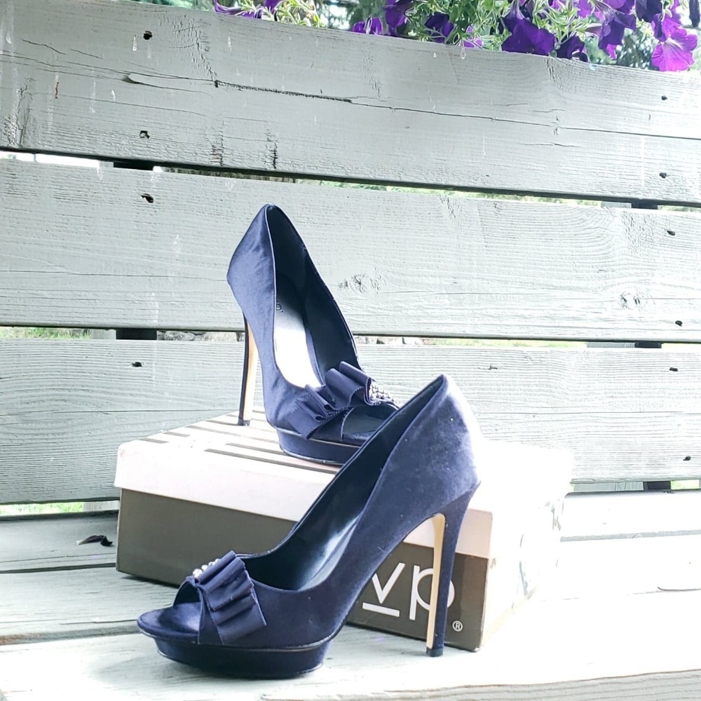 Worn Once Navy Satin RSVP Peep Toe Stilettos